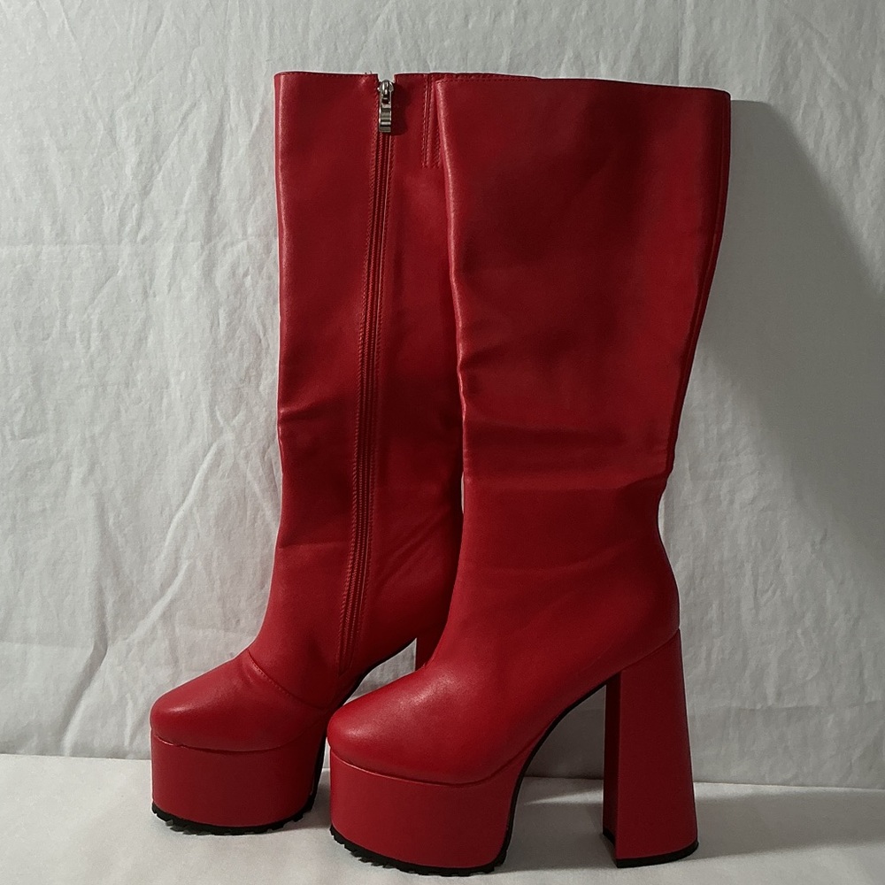Red Platform Knee-High Boots